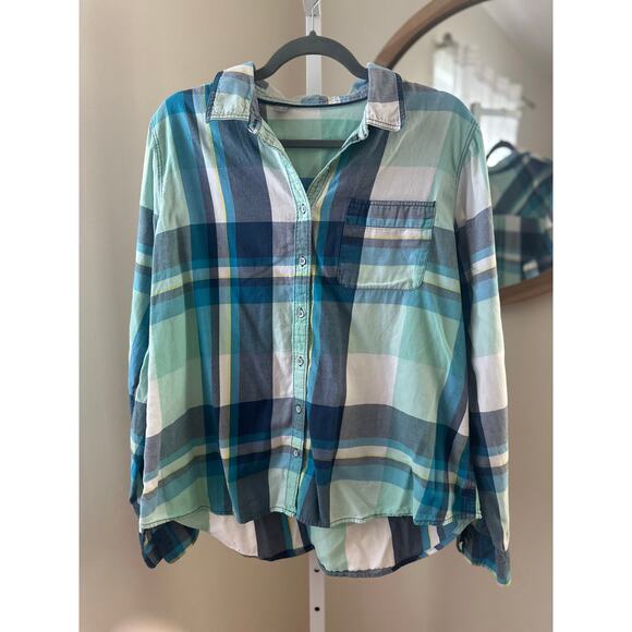 Old Navy Plaid Button Down Shirt Teal Blue Green Check – Women’s XL 100% Cotton - Picture 1 of 5